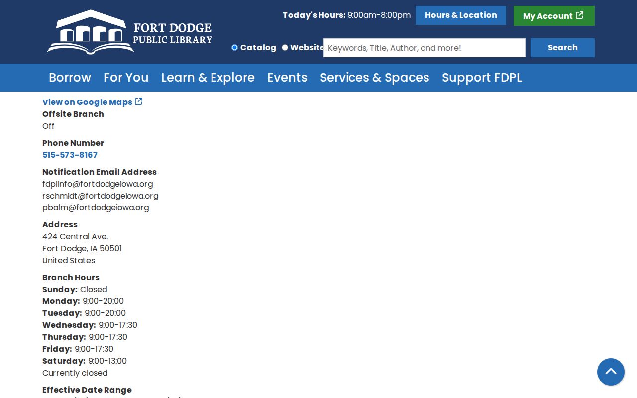 Fort Dodge city directory library hours and location