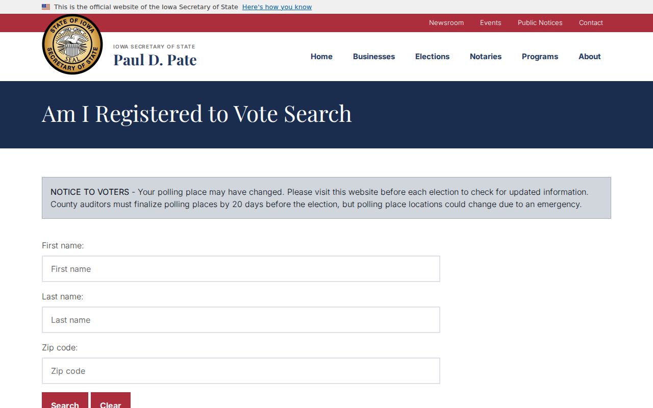 Iowa voter lookup form used for Fort Dodge voter information