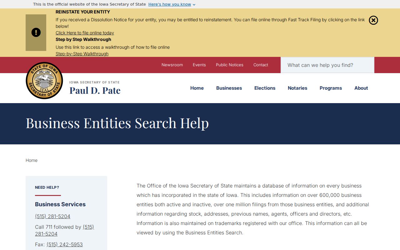 Iowa Secretary of State business entity search help used for a Fort Dodge resident lookup